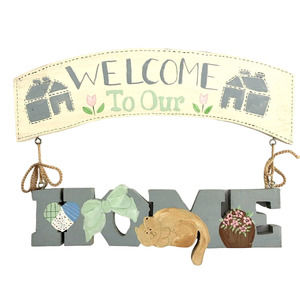 Welcome to Our Home Wooden Sign Vintage Country Blue Hand Painted Wall Decor